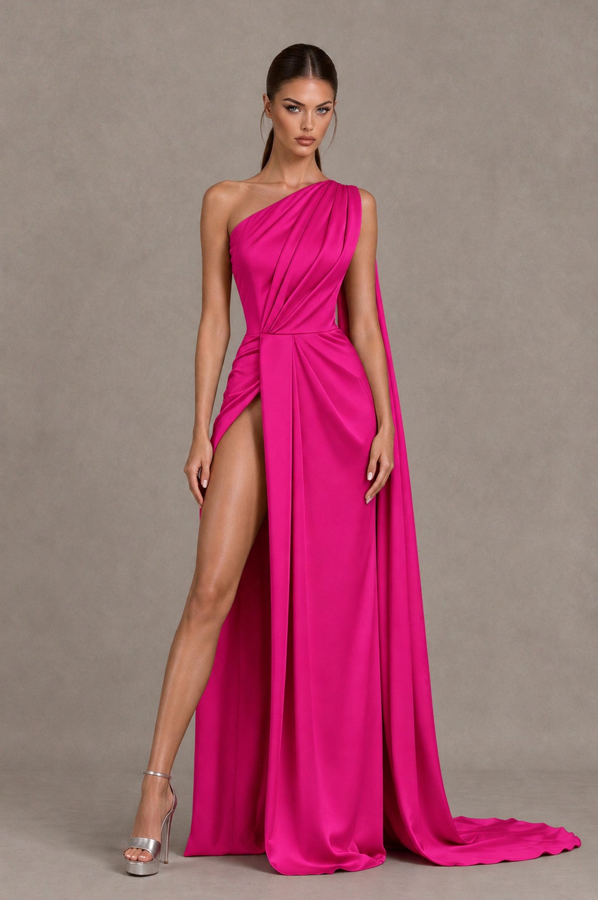 BOLODOO Hot Pink One Shoulder Satin Evening Dress with High Slit and Draped Cape Train - Hot Pink - Hot Pink_1