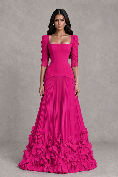 BOLODOO Hot Pink Square Neck Pleated Floral Applique Evening Dress - Hot Pink - Hot Pink_1