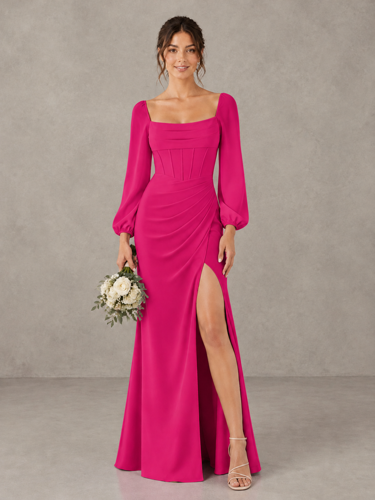 BOLODOO Hot Pink Square Neck Long Sleeve Bridesmaid Dress with High Slit - Hot Pink - Hot Pink_1