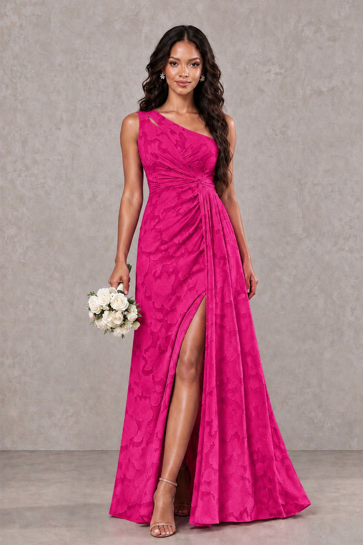 BOLODOO Hot Pink One-Shoulder Floral Textured Maxi Dress with High Slit - Hot Pink - Hot Pink_1