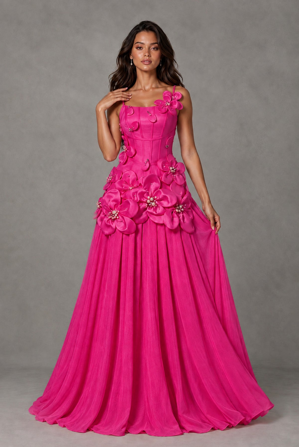 BOLODOO Hot Pink 3D Floral Appliqué Floor-Length A-Line Evening Gown - Hot Pink
