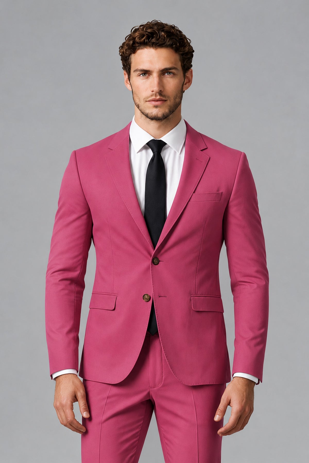 Bolodoo Men's Hot Pink Two-Piece Suit with Notch-Lapel Jacket & Trousers - Hot Pink - Hot_Pink_1