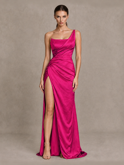 BOLODOO Hot Pink One Shoulder Satin Evening Gown with High Slit and Sweep Train - Hot Pink - Hot Pink_1