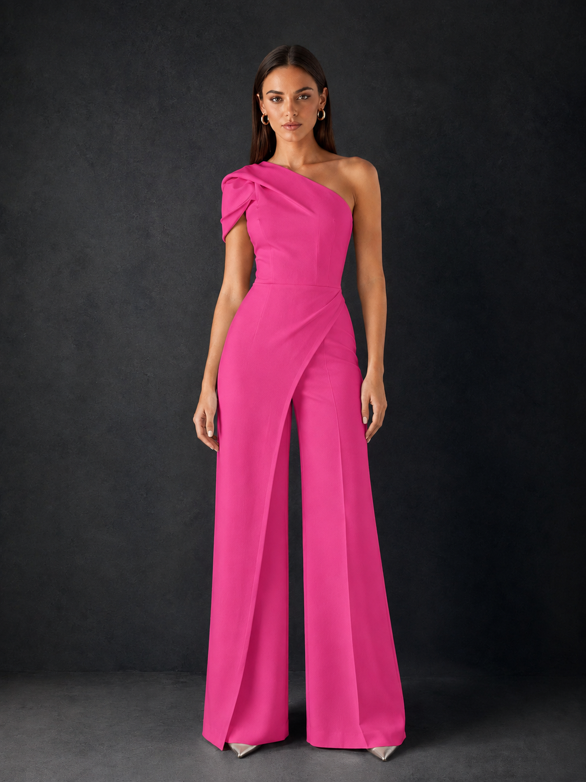 BOLODOO Hot Pink One-Shoulder Puff Sleeve Wide-Leg Jumpsuit with Front Slit and Open Back - Hot Pink