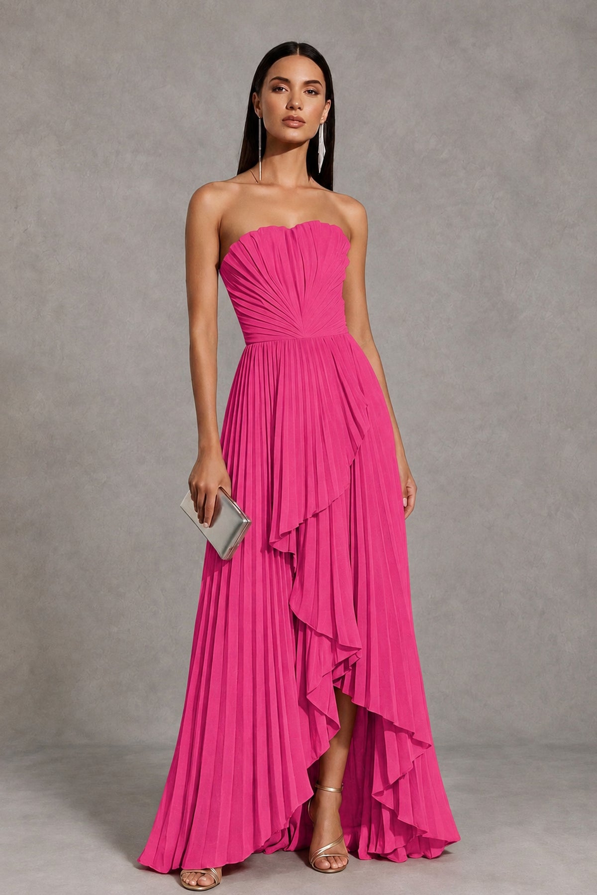 Hot Pink Strapless Pleated High-Low Evening Gown with Ruffle Hem - Hot Pink