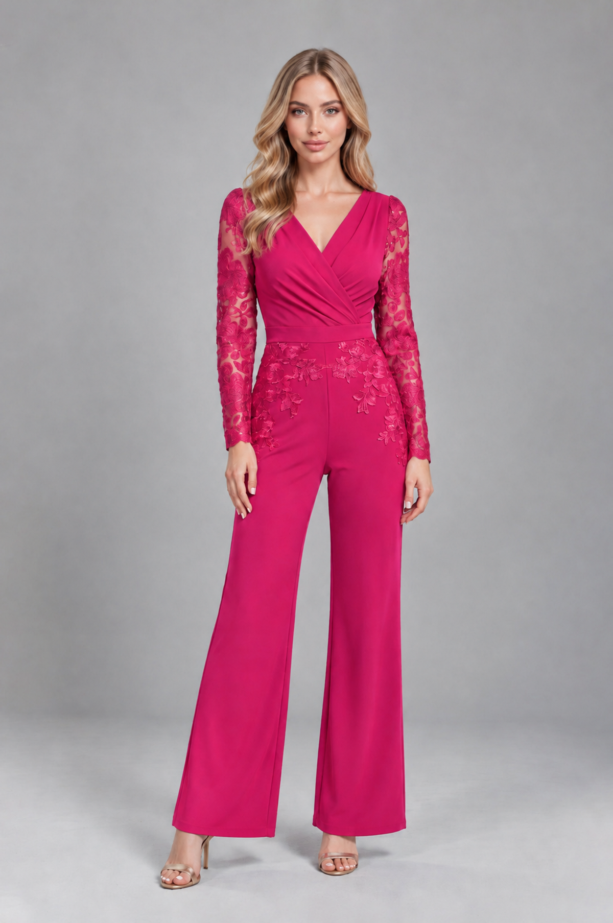 BOLODOO Hot Pink Lace Long-Sleeve V-Neck Mother Pant Suit - Hot Pink - Hot Pink_1
