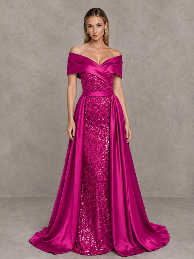BOLODOO Hot Pink Sequin Mermaid Evening Dress with Detachable Satin Overskirt and Sweep Train - Hot Pink - Hot Pink_1