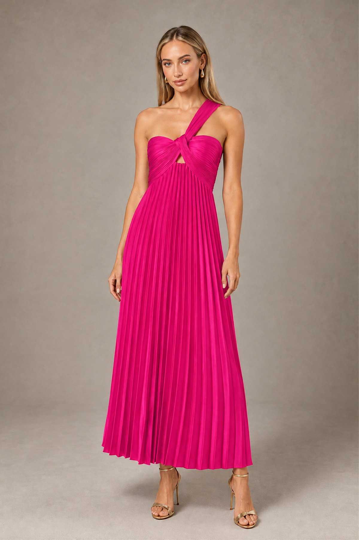 BOLODOO Hot Pink One-Shoulder Twist Knot Pleated Satin Midi Dress with Cutout - Hot Pink - Hot_Pink_1
