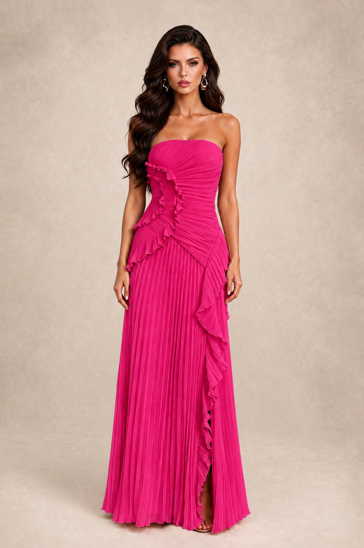 BOLODOO Hot Pink Strapless Ruffle Pleated Slit Evening Gown - Hot Pink - Hot Pink_1