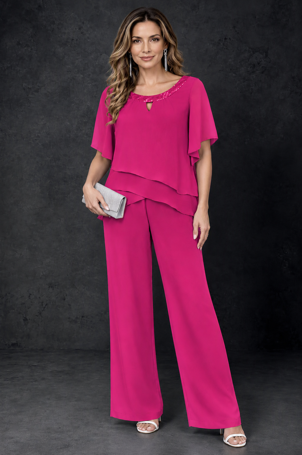 BOLODOO Hot Pink Layered Chiffon-Look Mother of the Bride Pantsuit - Hot Pink - Hot_Pink_1
