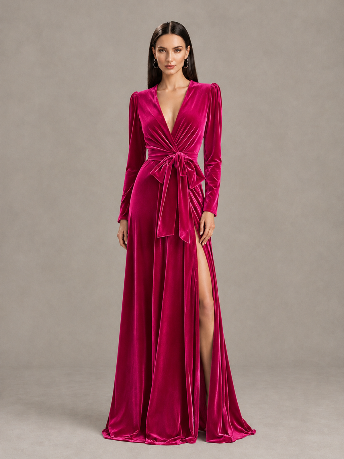 BOLODOO Hot Pink Long Sleeve Velvet-Look Evening Dress with High Slit - Hot Pink - Hot Pink_1