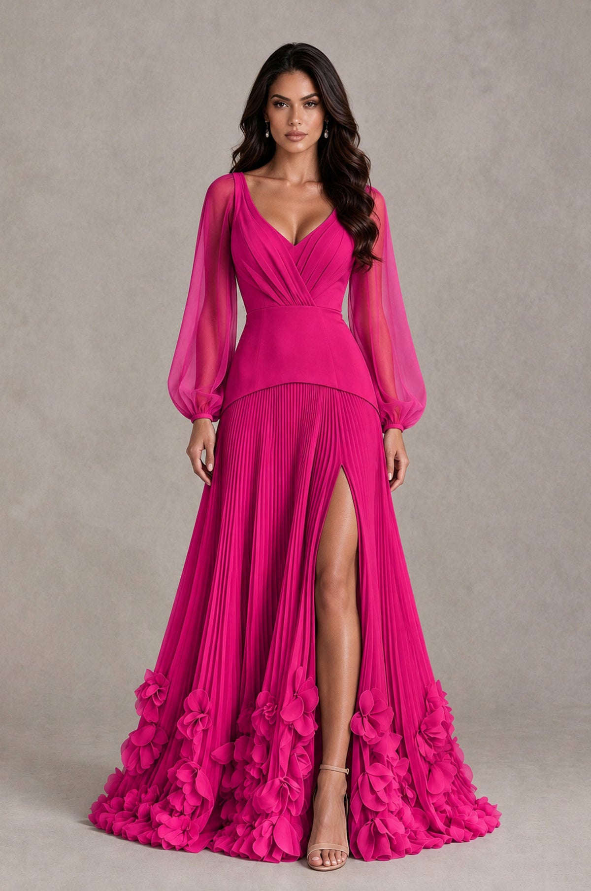 BOLODOO Hot Pink V-Neck Long Sleeve Pleated Floral Hem Evening Dress - Hot Pink - Hot Pink_1