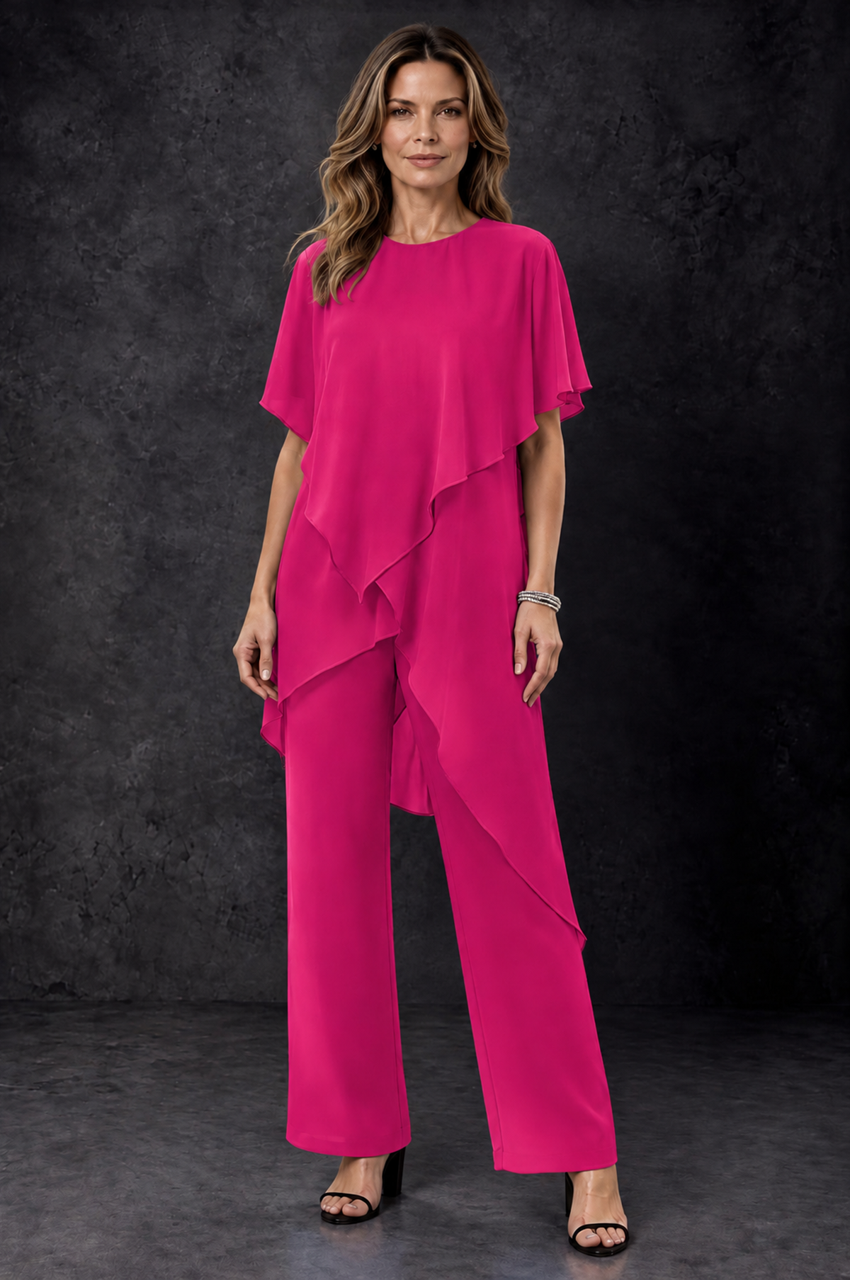 BOLODOO Hot Pink Chiffon Two Piece Mother of the Bride Pant Suit - Hot Pink - Hot_Pink_1