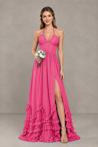 BOLODOO Hot Pink Halter Ruffle Hem A-Line Bridesmaid Dress with High Slit - Hot Pink - Hot Pink(1)