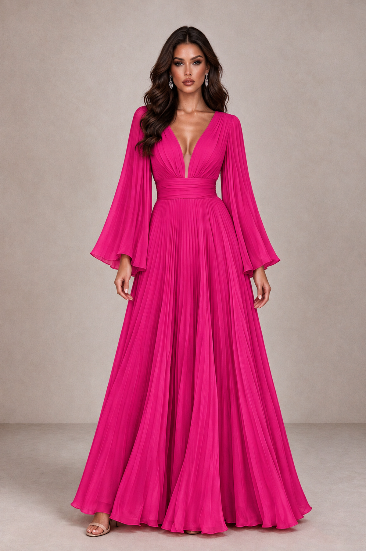 BOLODOO Hot Pink Pleated Deep V-Neck Long Bell Sleeve Evening Dress - Hot Pink - Hot_Pink_1