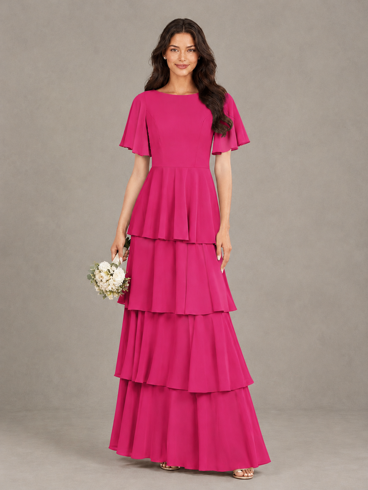 BOLODOO Hot Pink Tiered Flutter Sleeve Bridesmaid Dress - Hot Pink - Hot Pink_1