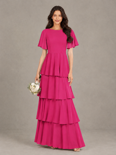 BOLODOO Hot Pink Tiered Flutter Sleeve Bridesmaid Dress - Hot Pink - Hot Pink_1