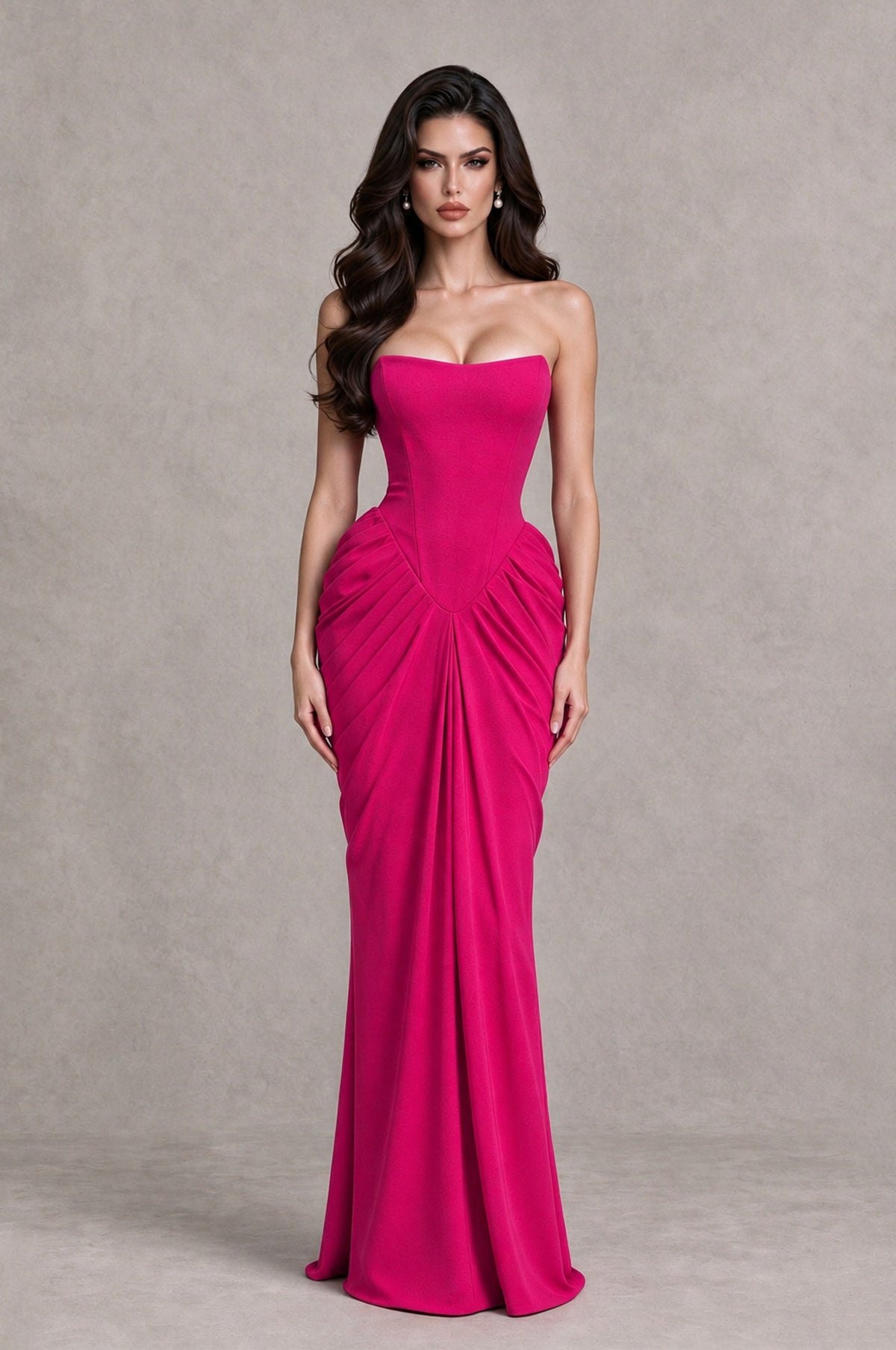 BOLODOO Hot Pink Strapless Ruched Corset Evening Gown - Hot Pink - Hot Pink_1