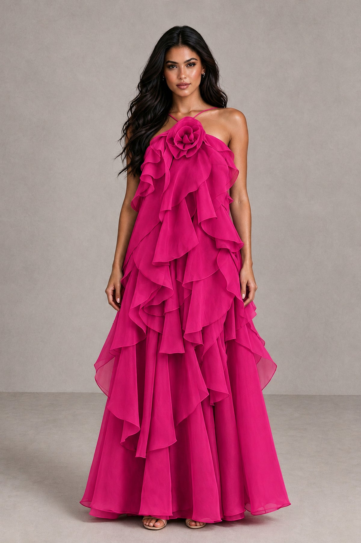 BOLODOO Hot Pink Cascading Ruffle Rosette Open-Back Maxi Dress - Hot Pink - Hot Pink_1
