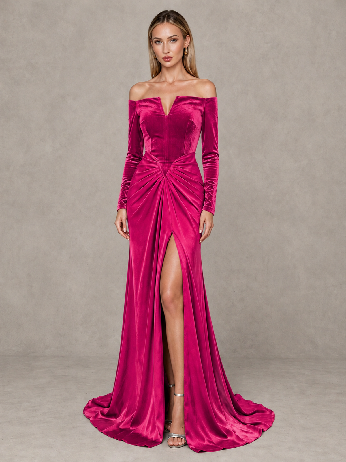 BOLODOO Hot Pink Off-Shoulder Velvet Evening Gown with High Slit - Hot Pink - Hot Pink_1