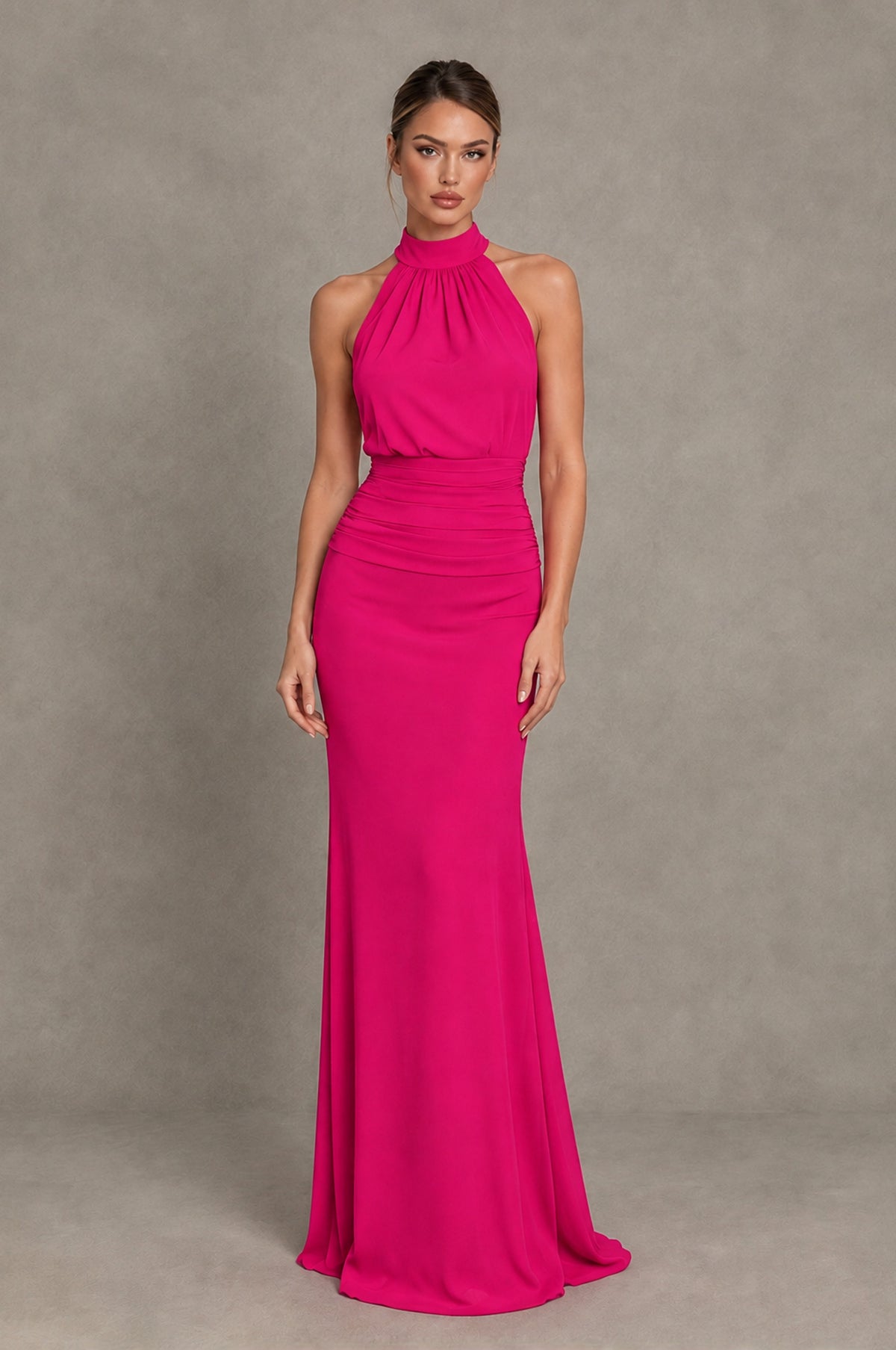 BOLODOO Hot Pink Chiffon Halter Maxi Formal Wedding Guest Dress - Hot Pink - Hot Pink_1