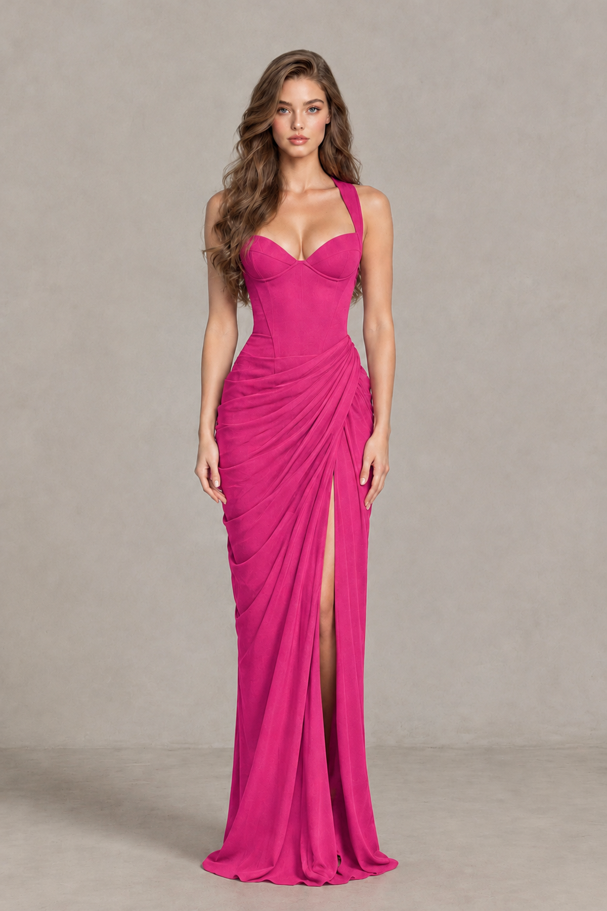 BOLODOO Hot Pink Sweetheart Maxi Dress with High Slit - Hot Pink - Hot_Pink_1