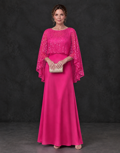 BOLODOO Hot Pink Sparkle Cape Sleeve Mother of the Bride Dress - Hot Pink - Hot_Pink_1