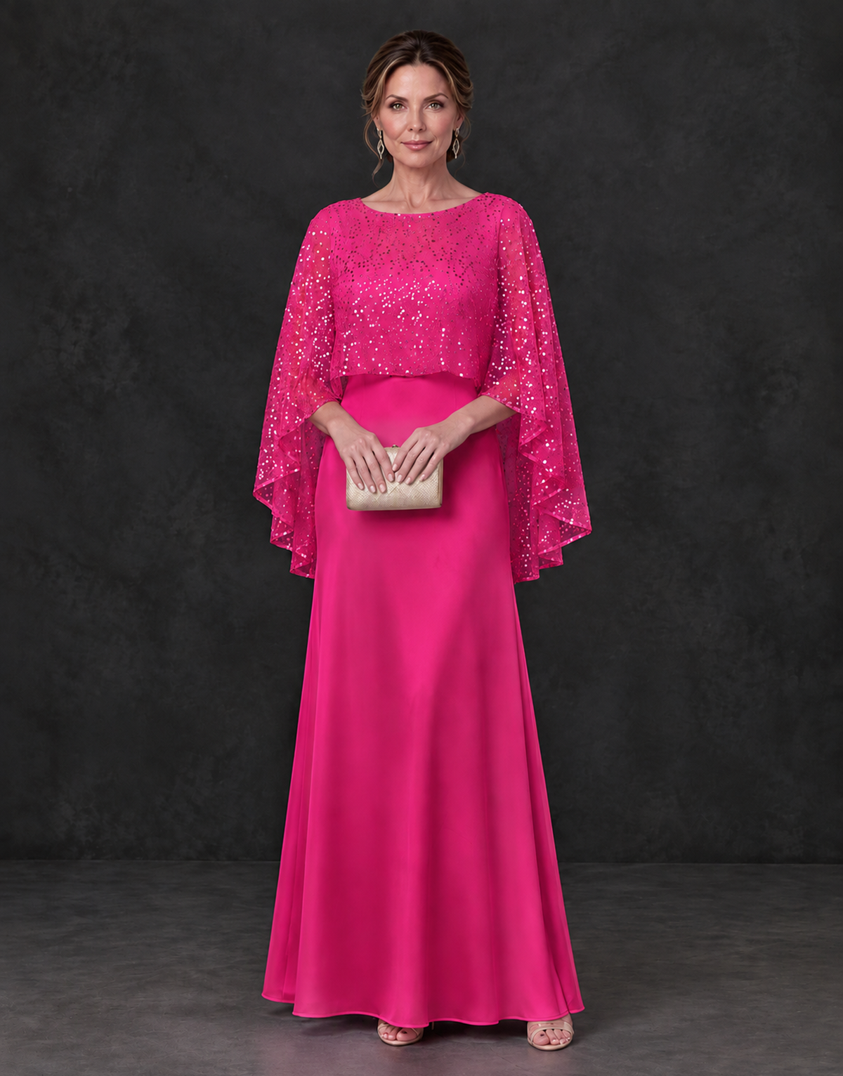 BOLODOO Hot Pink Sparkle Cape Sleeve Mother of the Bride Dress - Hot Pink - Hot_Pink_1