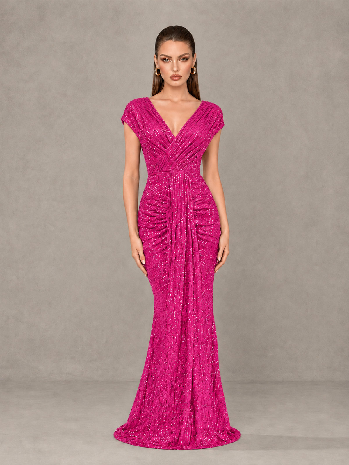 BOLODOO Hot Pink Glitter V-Neck Cap Sleeve Ruched Mermaid Evening Gown - Hot Pink - Hot Pink_1