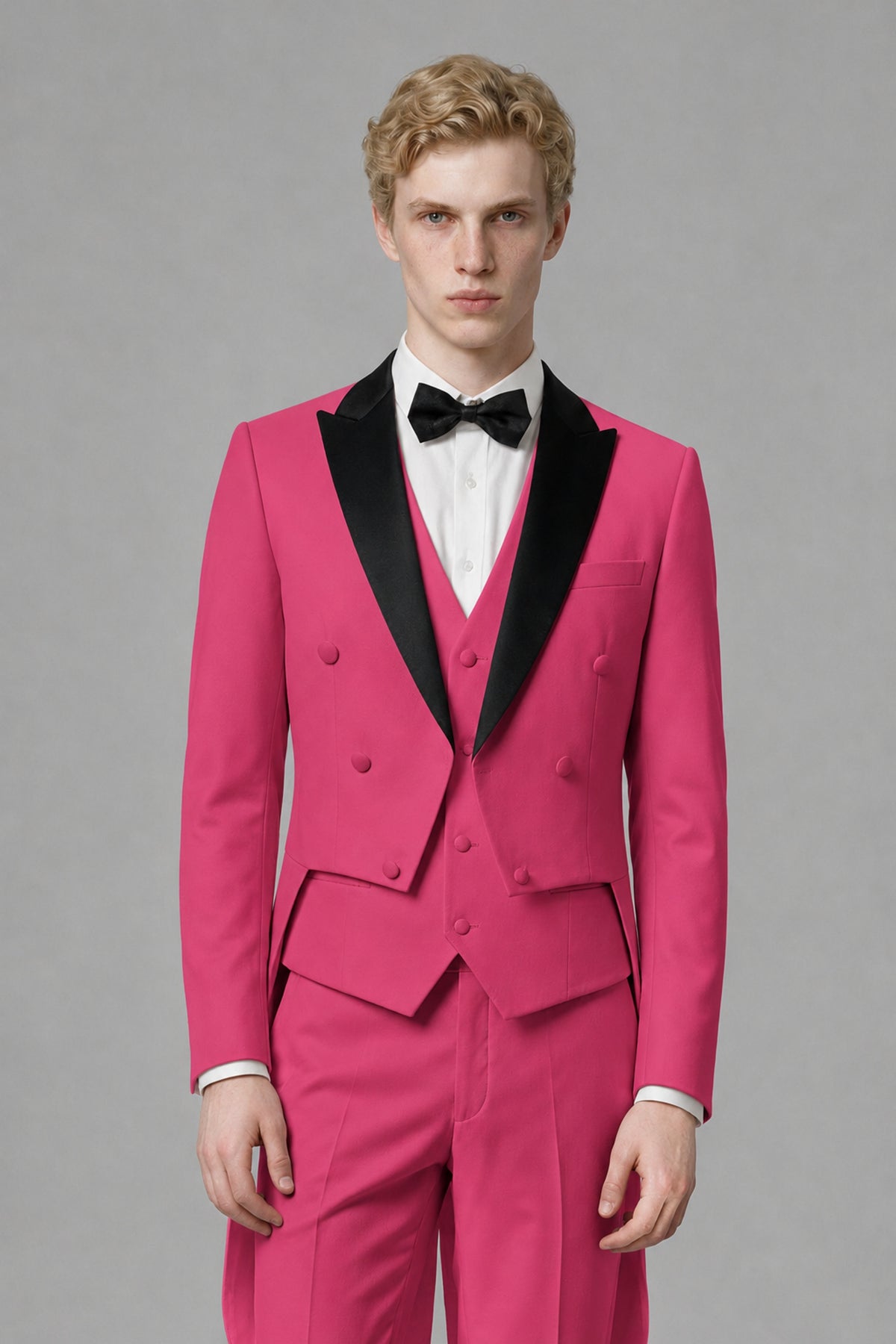 Bolodoo Men's Hot Pink 3-Piece Tailcoat Tuxedo Suit with Vest & Trousers - Hot Pink - Hot Pink_1