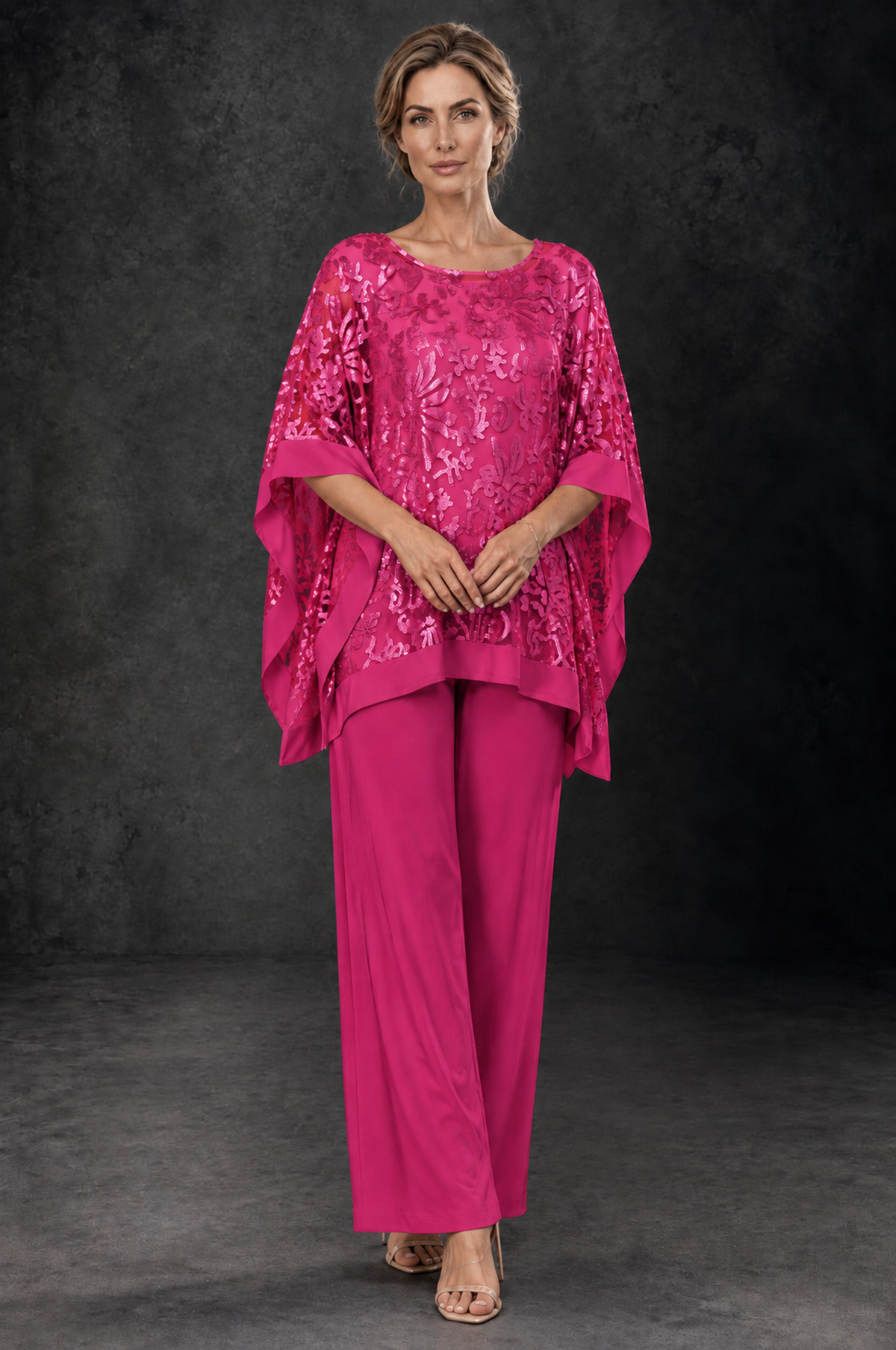 BOLODOO Hot Pink Floral Cape Mother of the Bride Pant Suit - Hot Pink - Hot_Pink_1