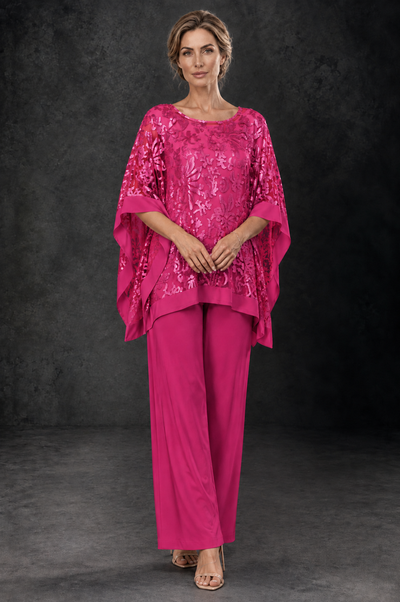 BOLODOO Hot Pink Floral Cape Mother of the Bride Pant Suit - Hot Pink - Hot_Pink_1