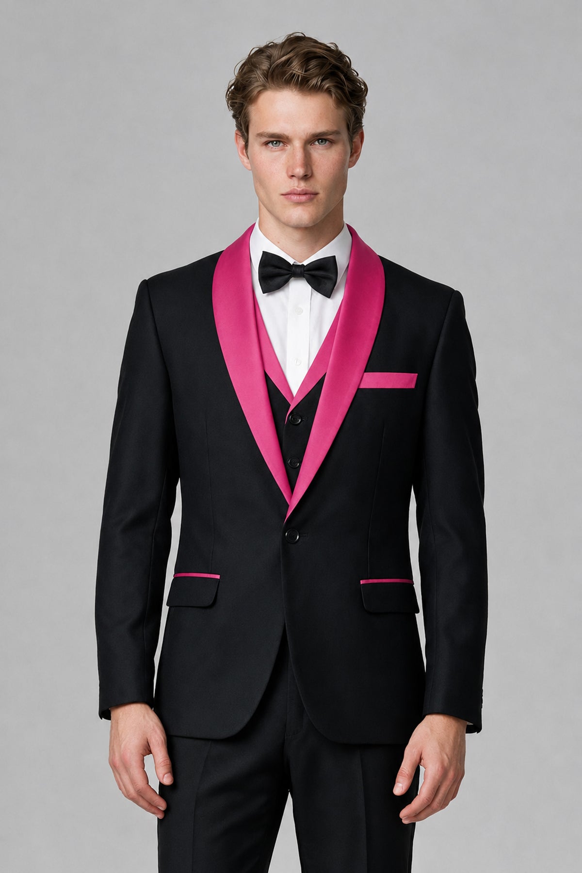 Bolodoo Men's Hot Pink 3-Piece Shawl Lapel Tuxedo Suit - Hot Pink - Hot Pink_1