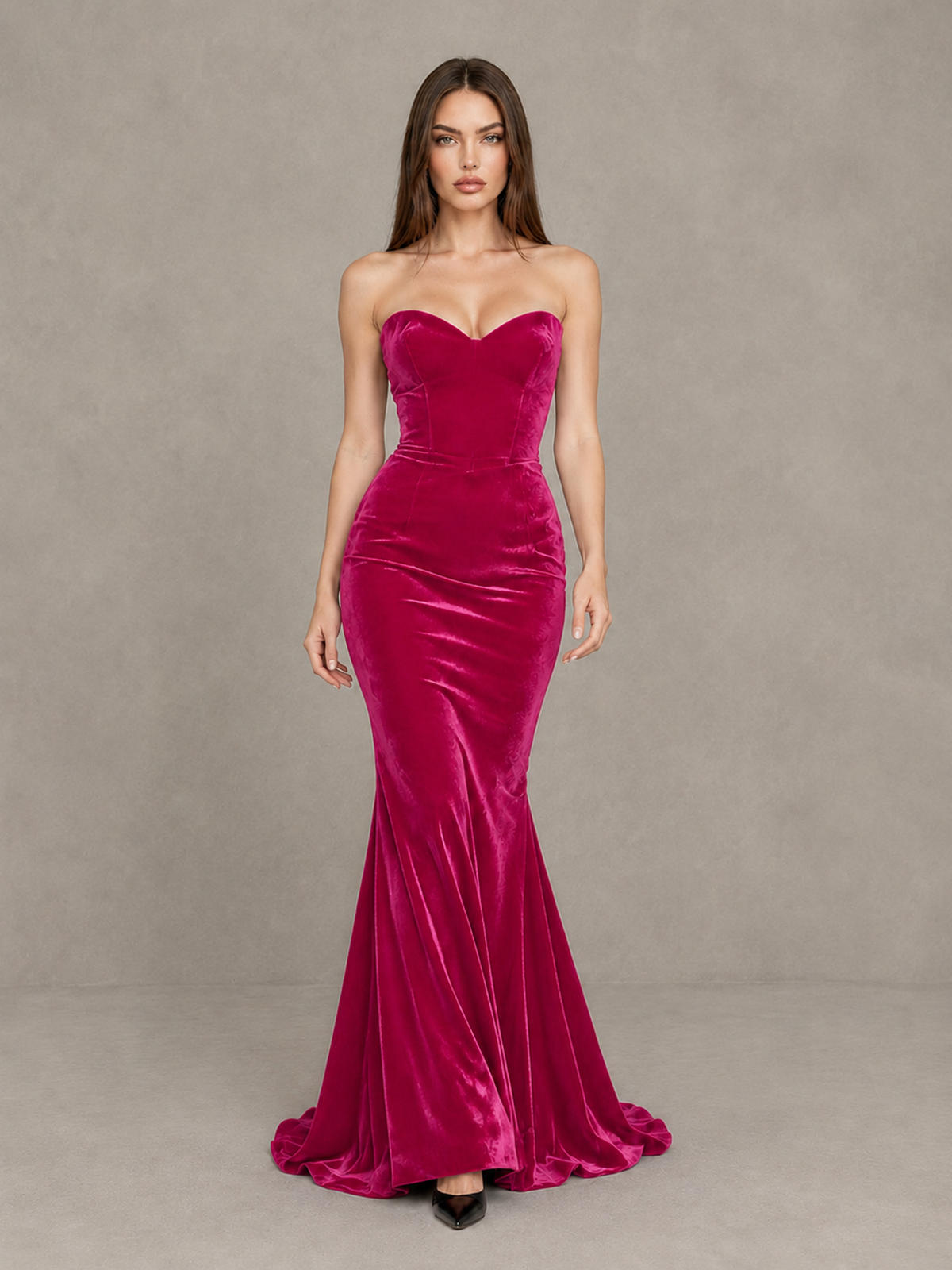 BOLODOO Hot Pink Strapless Sweetheart Velvet-Look Mermaid Evening Dress - Hot Pink - Hot Pink_1