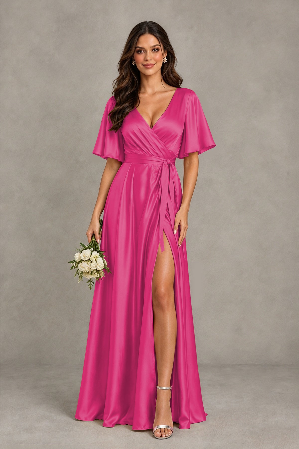 BOLODOO Hot Pink Satin V-Neck Flutter Sleeve Bridesmaid Dress with Slit - Hot Pink - Hot Pink(1)