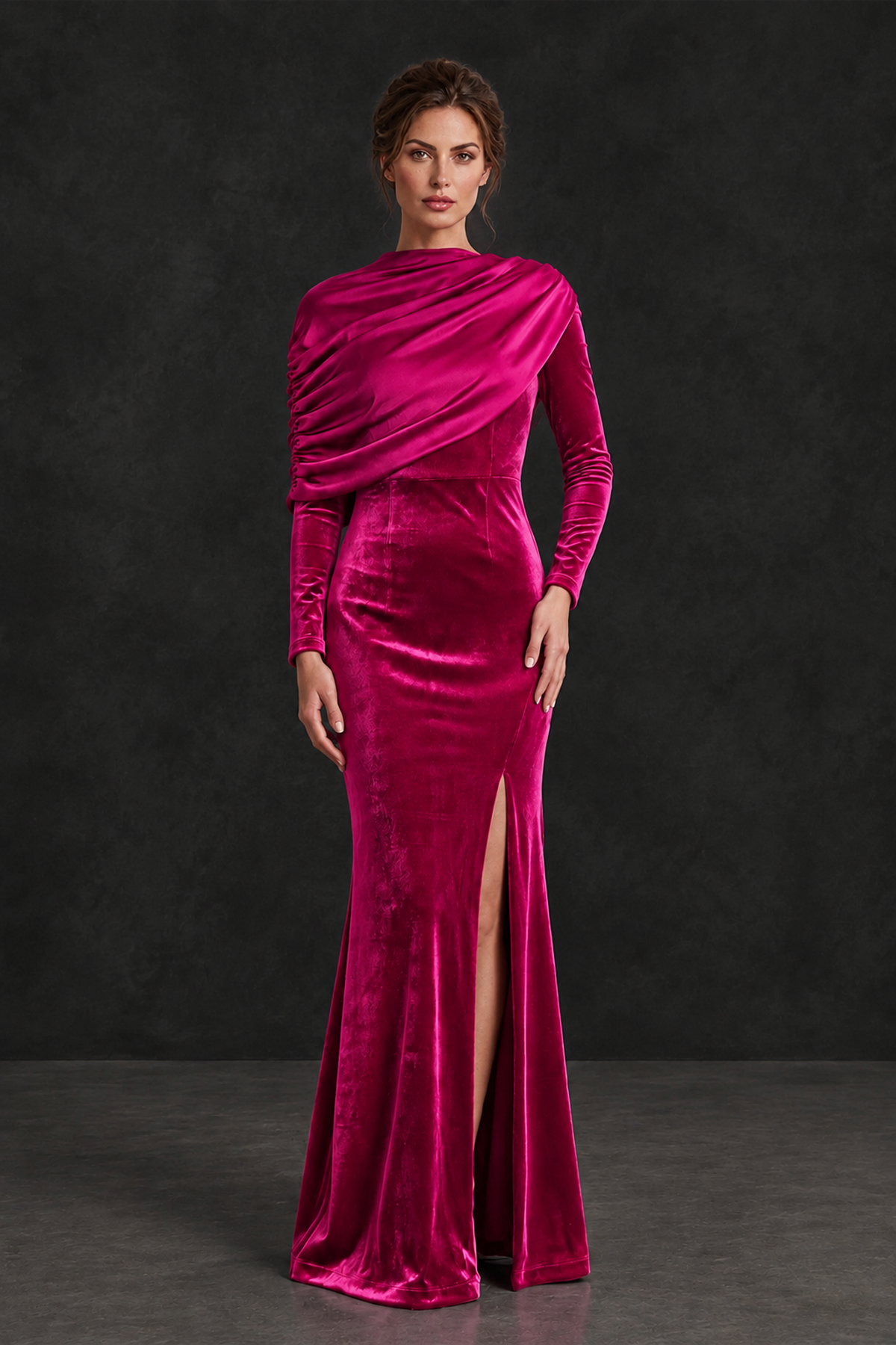 BOLODOO Hot Pink Velvet Long Sleeve Draped Mother of the Bride Dress - Hot Pink - Hot_Pink_1
