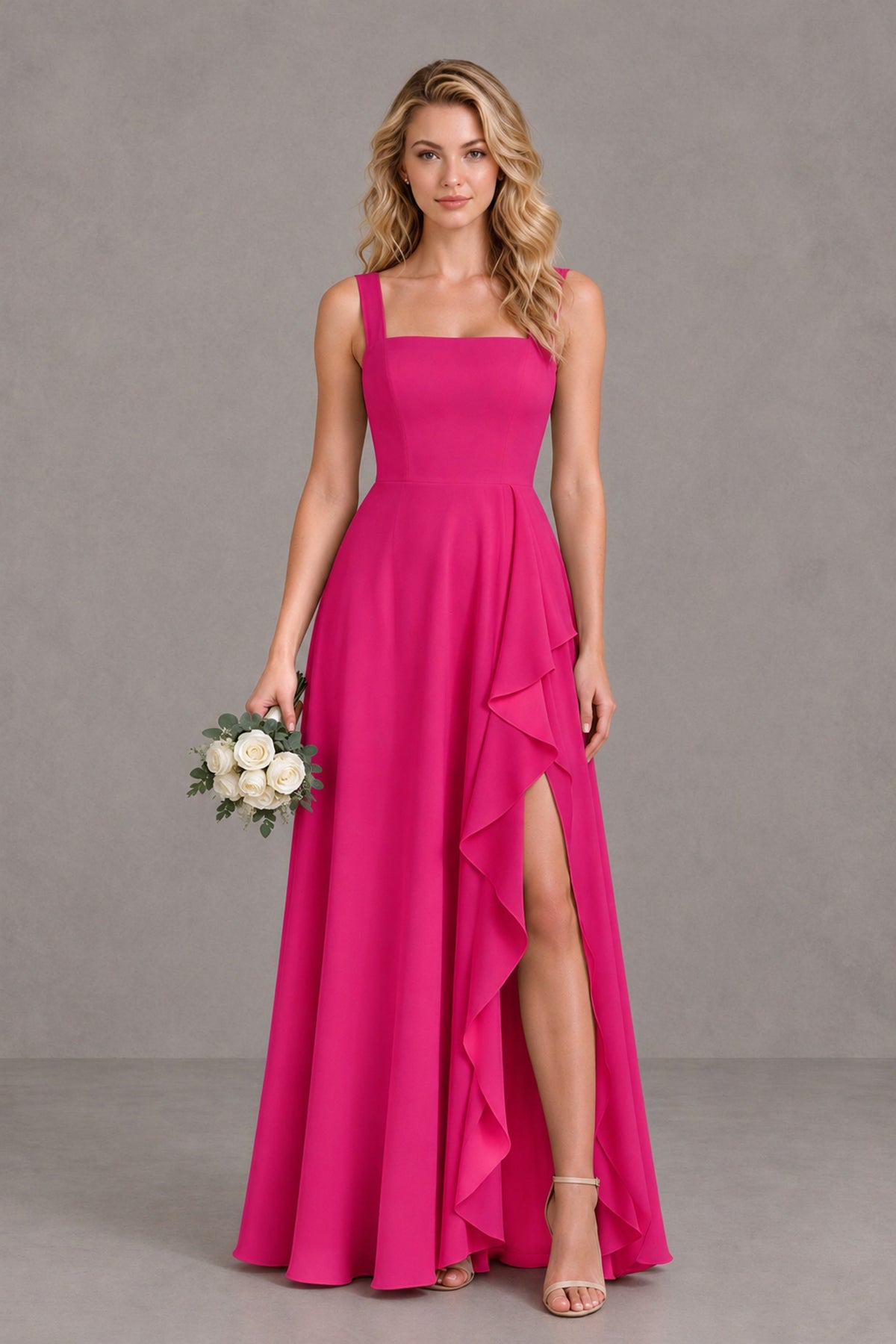 BOLODOO Hot Pink Square Neck Ruffle A-Line Bridesmaid Dress with Slit - Hot Pink - Hot Pink_1