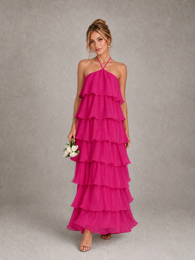 BOLODOO Hot Pink Halter Tiered Ruffle Maxi Bridesmaid Dress - Hot Pink - Hot Pink_1