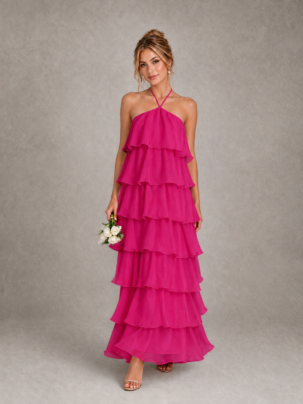 BOLODOO Hot Pink Halter Tiered Ruffle Maxi Bridesmaid Dress - Hot Pink - Hot Pink_1