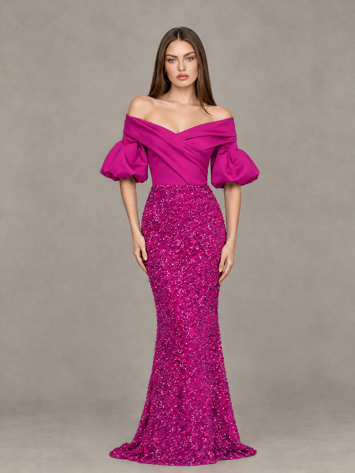 BOLODOO Hot Pink Off-Shoulder Puff Sleeve Sequin Mermaid Evening Dress - Hot Pink - Hot Pink_1