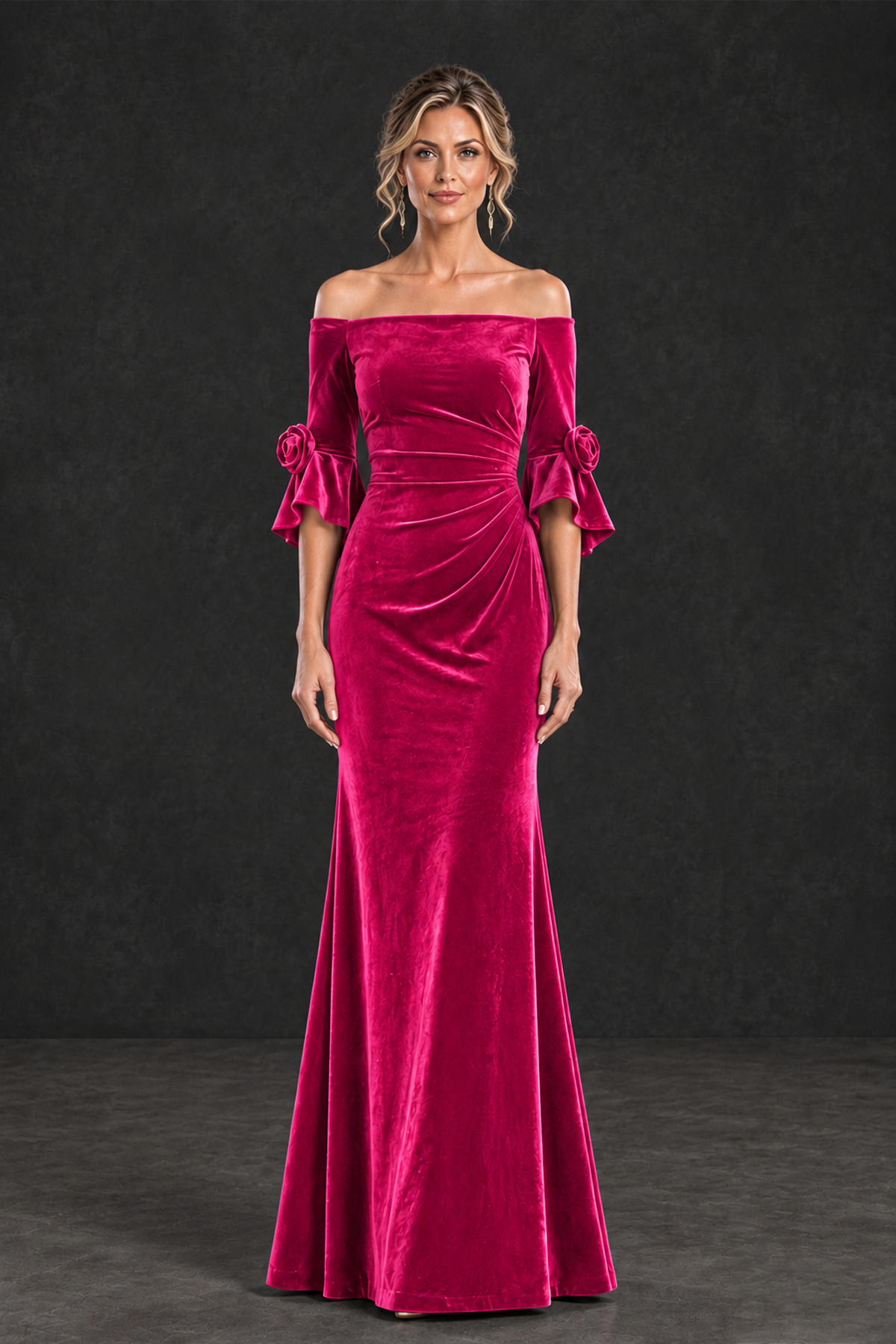 BOLODOO Hot Pink Velvet Off-Shoulder Mother of the Bride Dress – 3/4 Floral Cuff Sleeve Mermaid Evening Gown - Hot Pink - Hot Pink_1