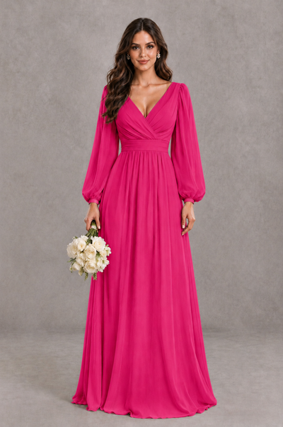 BOLODOO Hot Pink Long Sleeve V-Neck A-Line Bridesmaid Dress - Hot Pink - Hot Pink_1
