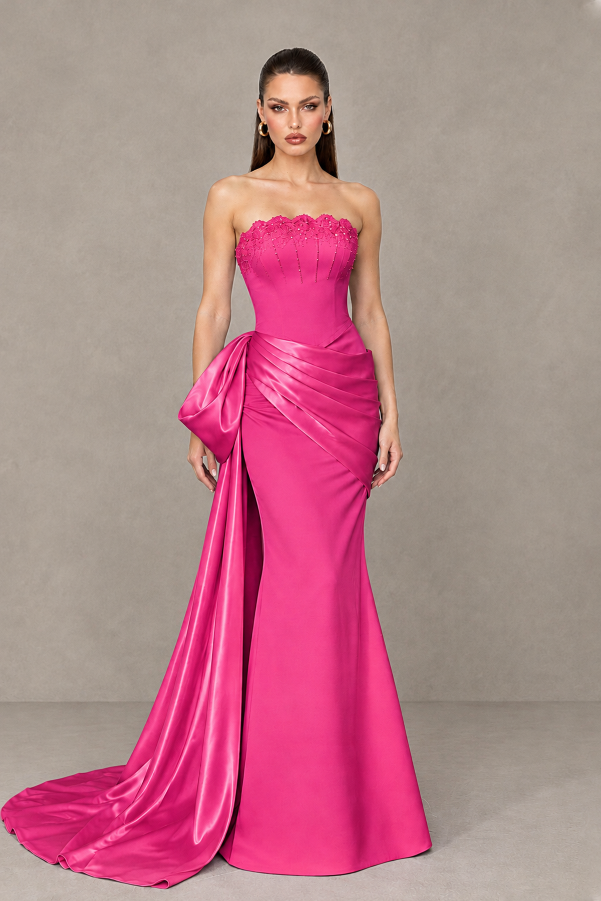 BOLODOO Hot Pink Strapless Satin Prom Dress with Draped Side Train - Hot Pink - Hot_Pink_1