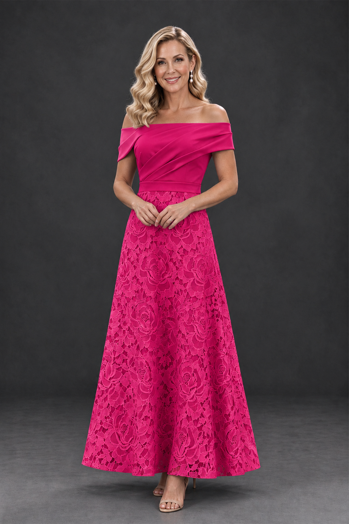 BOLODOO Hot Pink Off-the-Shoulder Floral A-Line Mother of the Bride Dress - Hot Pink - Hot Pink_1