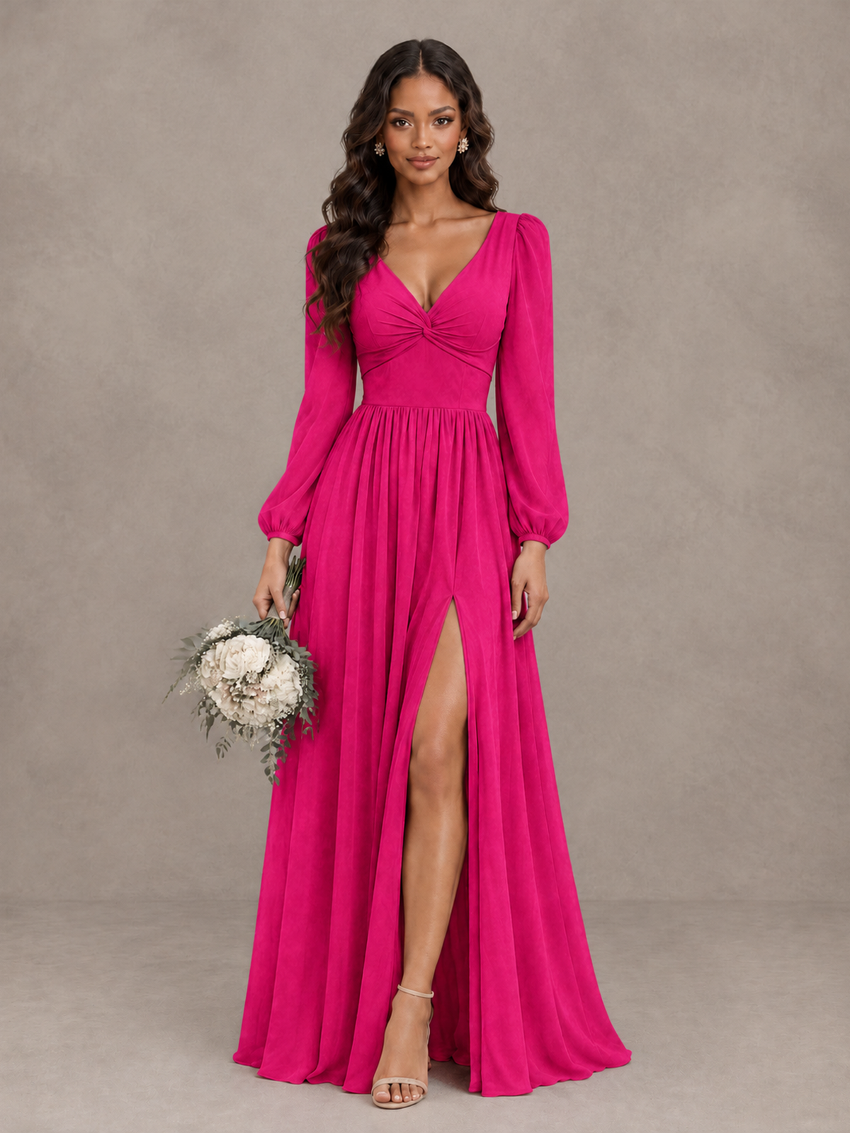 BOLODOO Hot Pink V-Neck Long Sleeve Bridesmaid Dress with Tie Back and Slit - Hot Pink - Hot Pink_1
