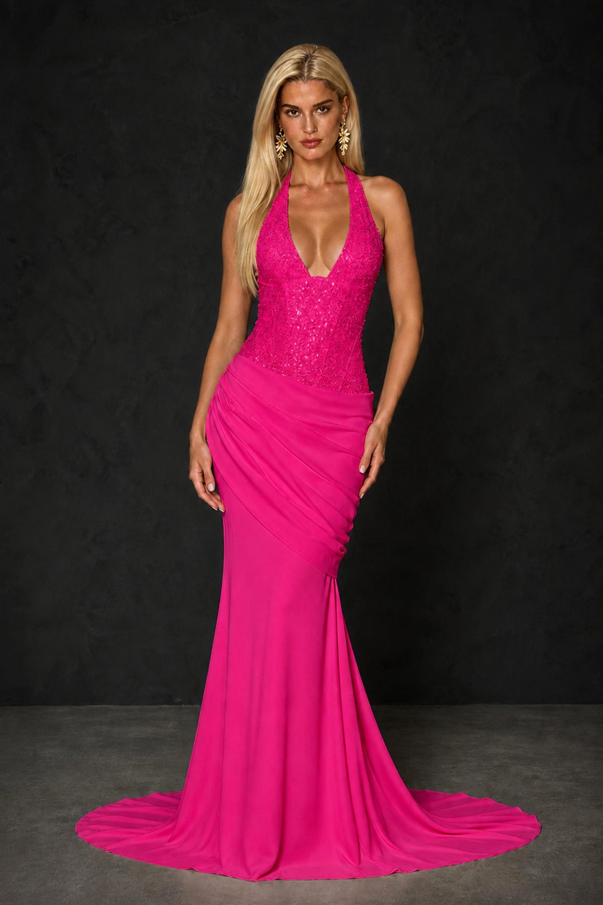 BOLODOO Hot Pink Halter Mermaid Gown – Deep V Open Back Sequin Formal Evening Dress with Train - Hot Pink