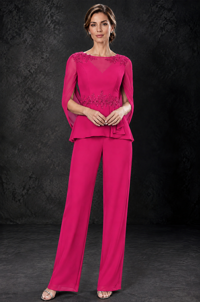BOLODOO Hot Pink Embellished Cape Sleeve Mother of the Bride Pantsuit - Hot Pink - Hot_Pink_1