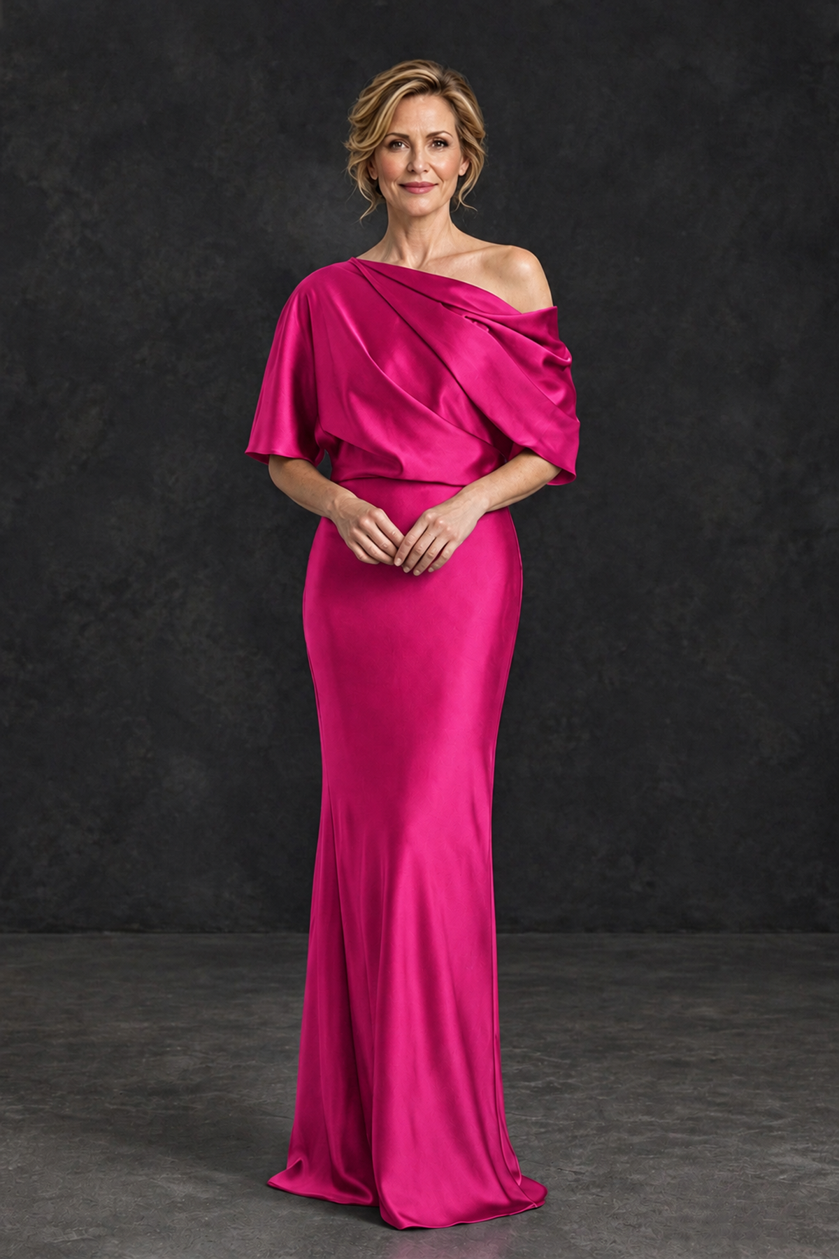 BOLODOO Hot Pink Satin Asymmetric Mother of the Bride Dress - Hot Pink - Hot Pink_1
