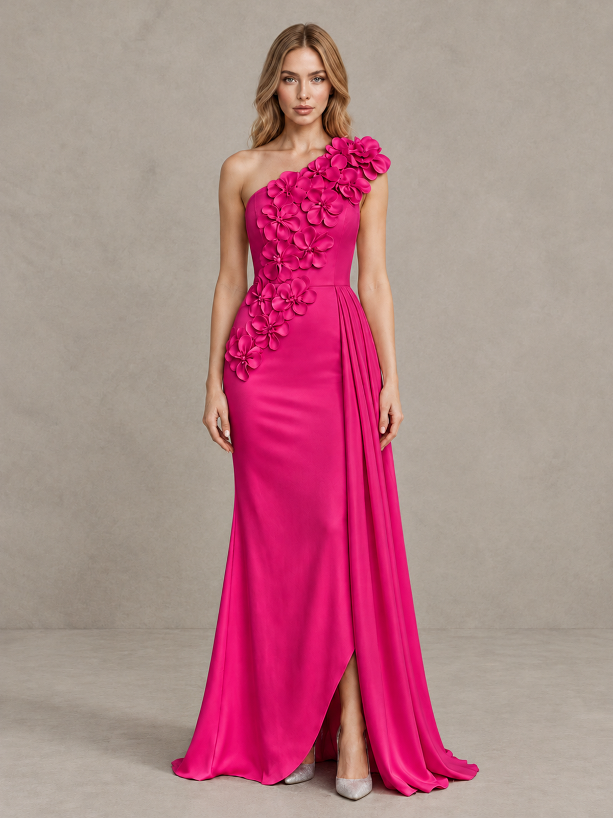 BOLODOO Hot Pink One-Shoulder Satin Mermaid Evening Gown with 3D Floral Appliqué - Hot Pink - Hot Pink_1