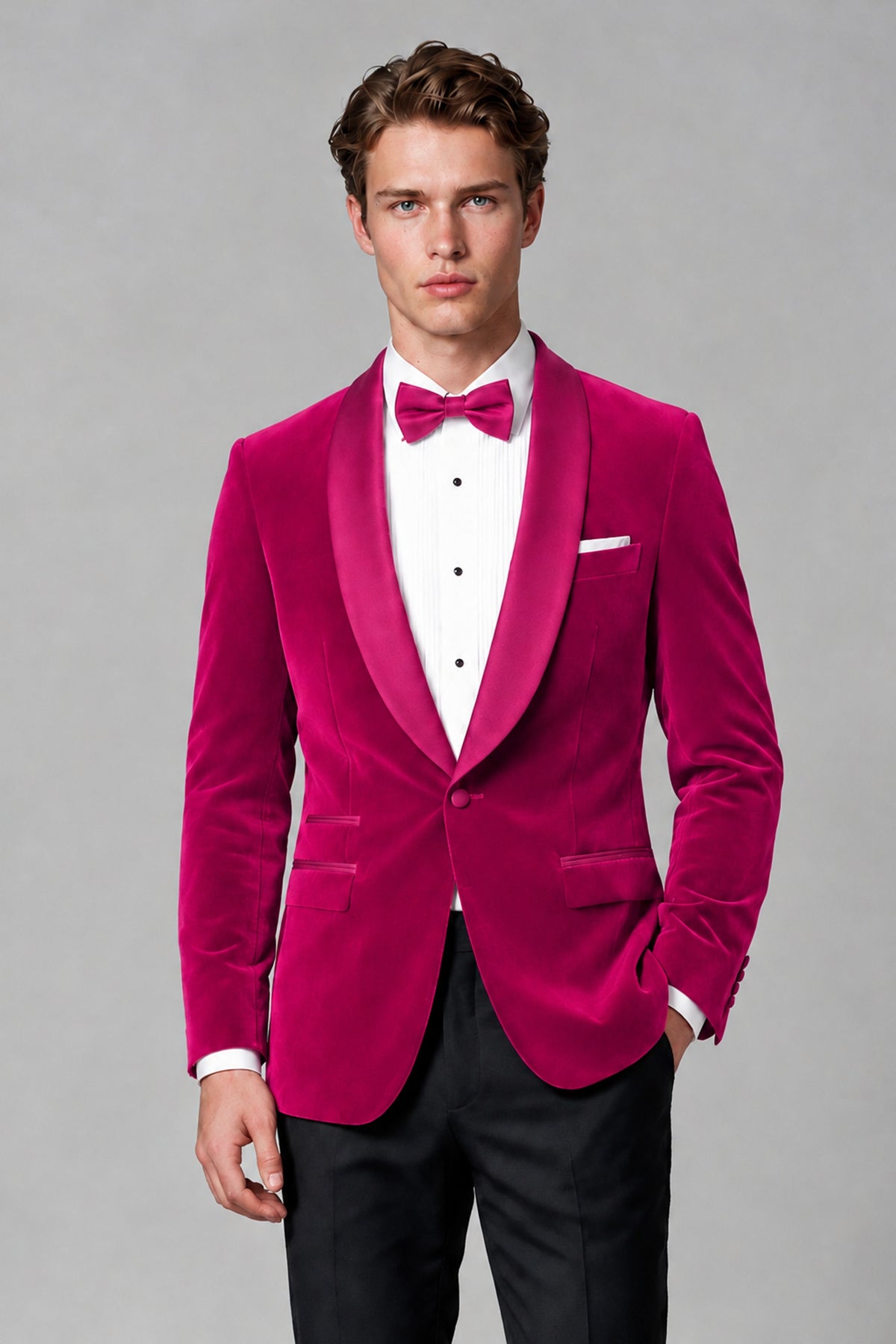 BOLODOO Men's Hot Pink Velvet Blazer | Shawl Lapel Tuxedo Jacket - Hot Pink - Hot Pink_1